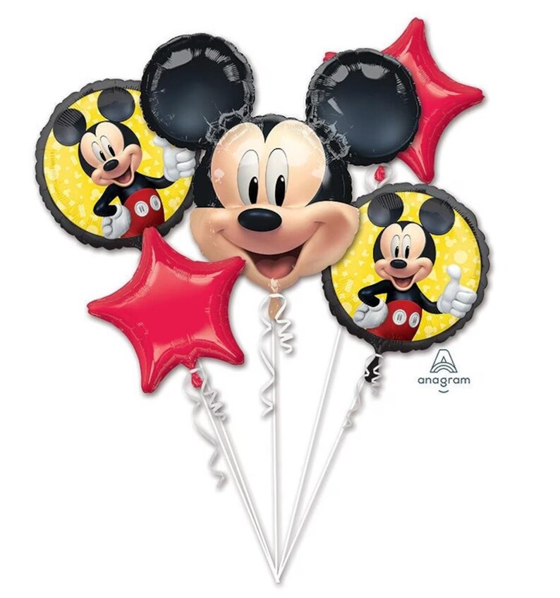 May include: A balloon bouquet featuring a large Mickey Mouse head-shaped balloon, two round balloons with Mickey Mouse graphics on yellow backgrounds, and two red star-shaped balloons. Each balloon is attached to a white ribbon string.