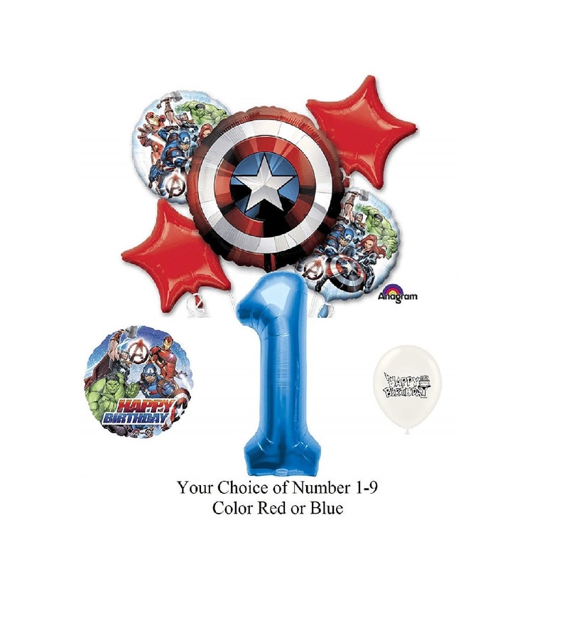 Puede incluir: Un conjunto de globos de fiesta con tem&aacute;tica de los Vengadores, que incluye un globo grande de n&uacute;mero 1 azul, un globo de estrella roja, un globo blanco con el texto "Feliz cumplea&ntilde;os" y un globo con el escudo del Capit&aacute;n Am&eacute;rica.