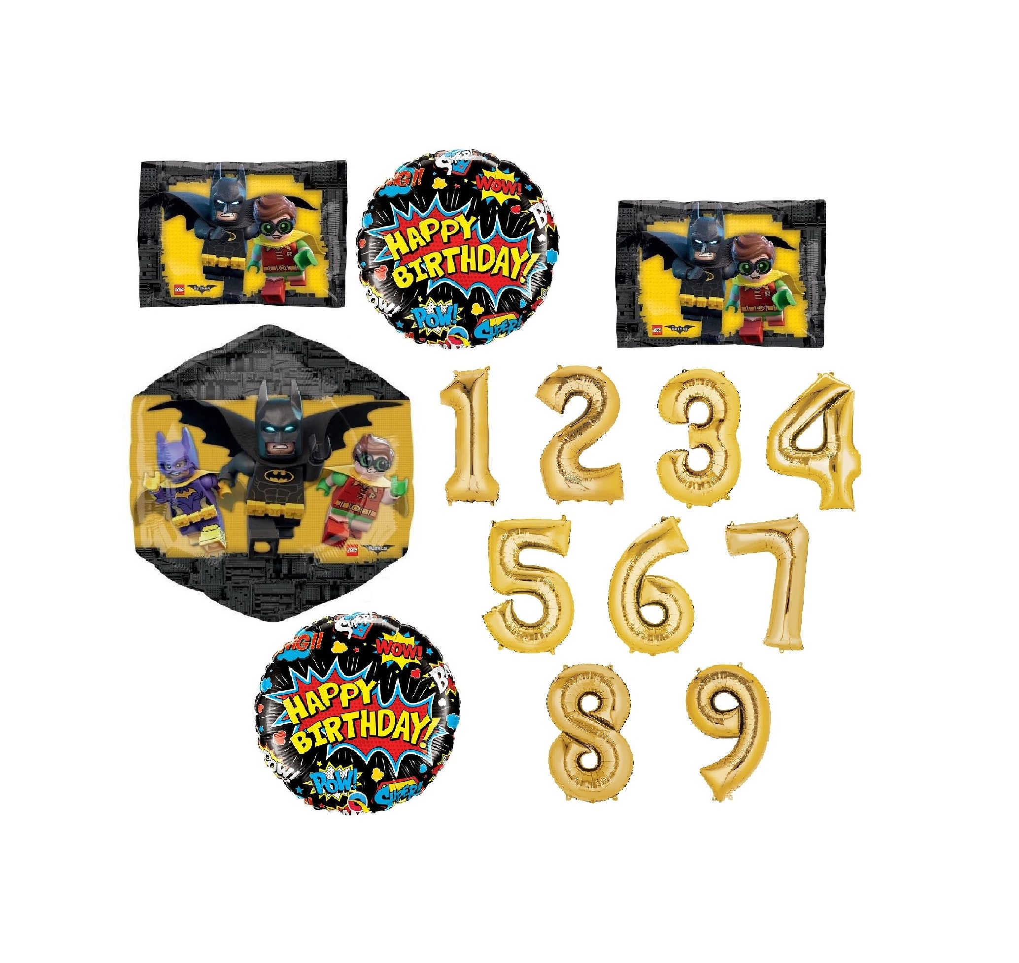 Lego Batman Birthday Party Bouquet of Balloons with Gold Number 19 Option