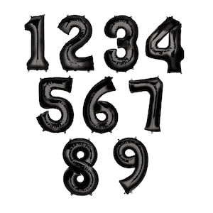 May include: Black balloon numbers 1 through 9. The balloons are inflated and ready to use for a party or celebration.