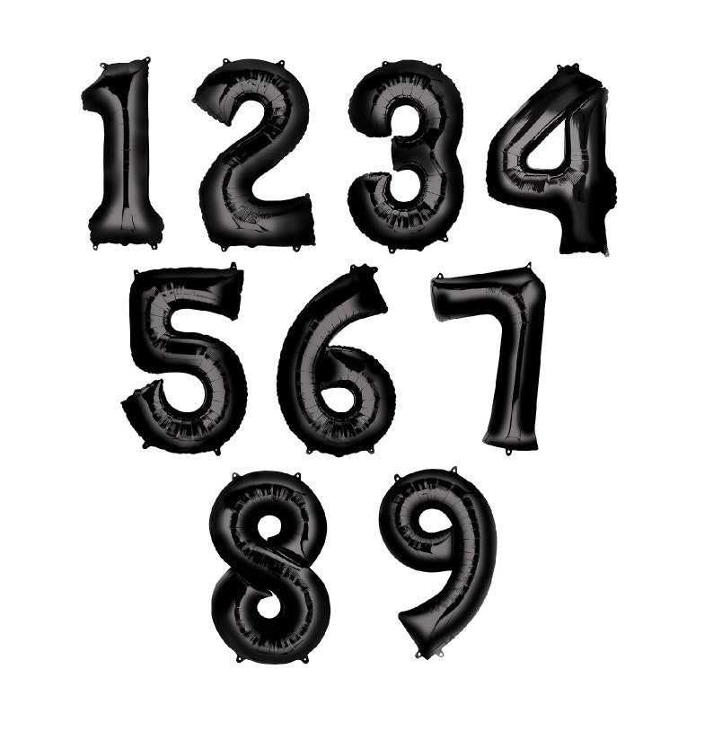 May include: Black balloon numbers 1 through 9. The balloons are inflated and ready to use for a party or celebration.