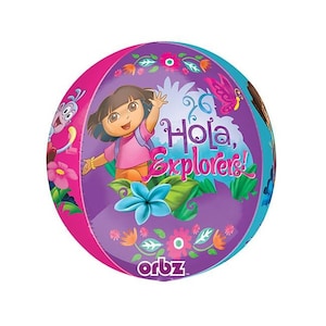 May include: A purple and pink round balloon with a cartoon image of Dora the Explorer. The balloon has the text "Hola, Explorers!" and a butterfly graphic. The balloon is made by the brand Orbz.