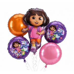 May include: A set of five foil balloons featuring a central shaped balloon of Dora the Explorer in a pink shirt and orange shorts, accompanied by two round purple balloons with character graphics, one solid orange balloon, and one solid pink balloon.