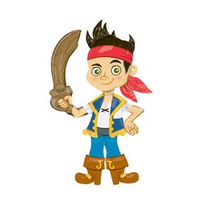 May include: A cartoon pirate character with brown hair, a red bandana, and a blue shirt holding a brown sword.