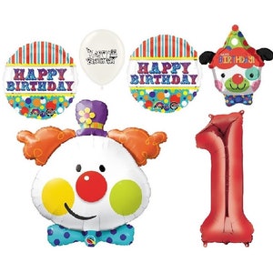 Circus Clown and Dog Happy Birthday Party Balloons Bouquet With Your Choice of Red Number 1-9 image 1