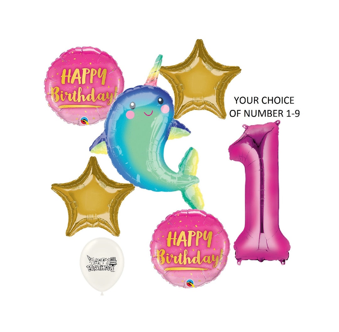 Happy Narwhal Birthday Balloon Bouquet With Your Choice of Pink Number ...