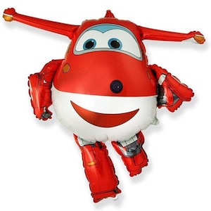 May include: Red and white foil balloon shaped like a cartoon airplane with a smiling face and large eyes. The balloon has arms and legs.
