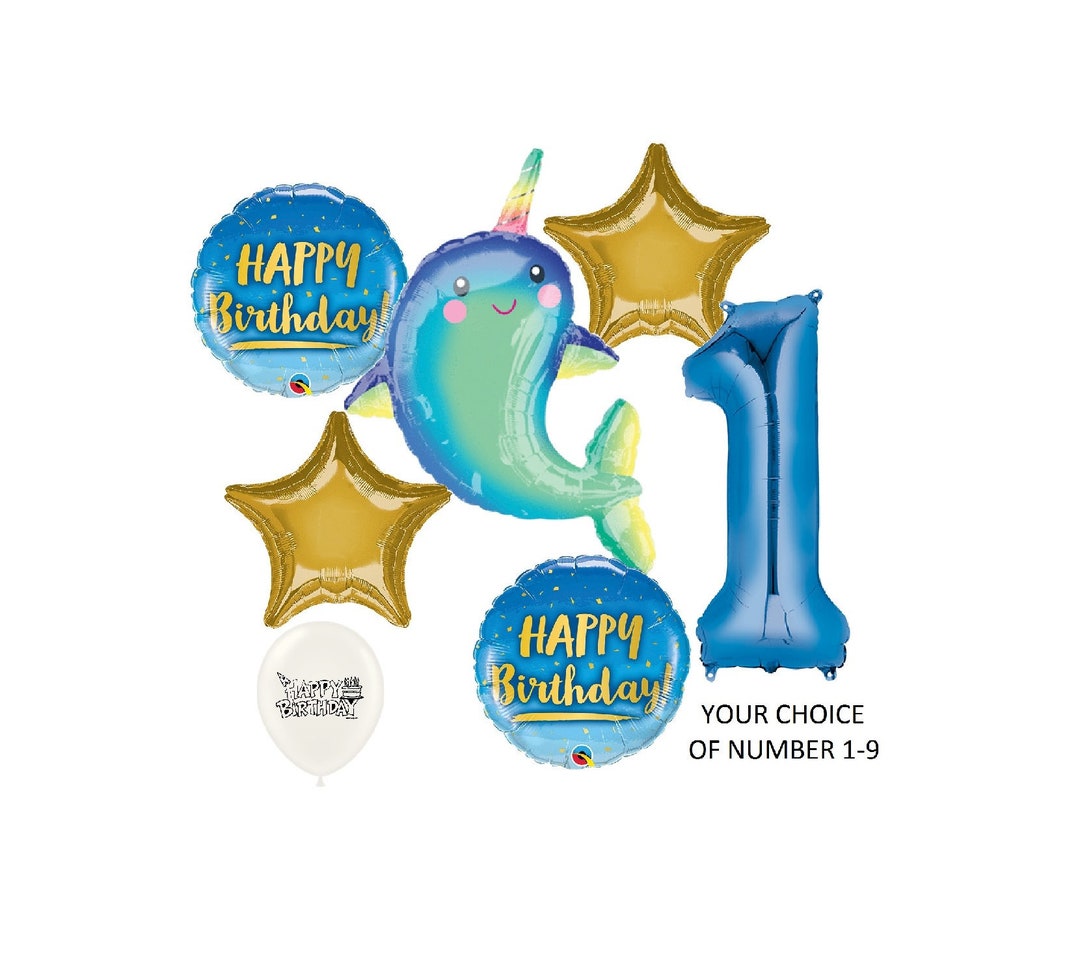 Happy Narwhal Birthday Balloon Bouquet With Your Choice of Blue Number ...