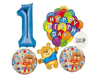 Bear Happy Birthday Party Balloons With Blue Number 1-9 Option