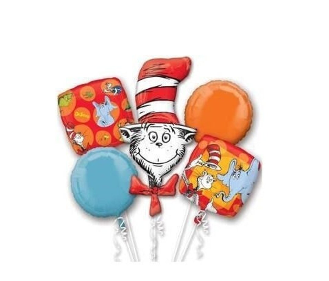 Cat in the Hat Doctor Seuss Birthday Five Piece Balloon Bouquet Set, niños,  fiestas, globos, decoración, temática, baby showers, primero, segundo, - ..., image size:1080x922