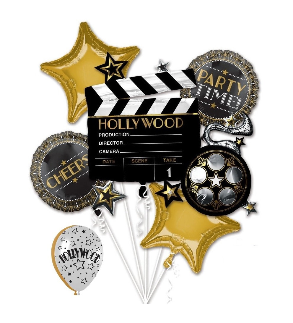 Hollywood Opening Night Lights Camera Action Bouquet of Balloons With Gold Number 19 Option