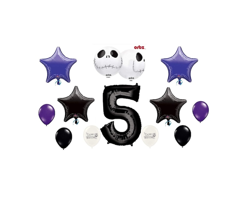 May include: A set of 11 black, white, and purple balloons featuring a black number 5 balloon, two black star balloons, two purple star balloons, two white Jack Skellington balloons, and three solid purple and black balloons.