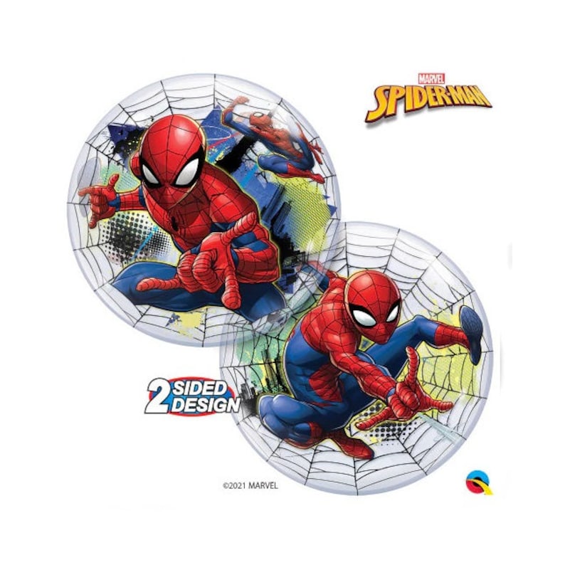 Puede incluir: Globo de Spider-Man de dos caras con fondo transparente y dise&ntilde;o de telara&ntilde;a. Un lado presenta a Spider-Man balance&aacute;ndose por el aire, mientras que el otro lado lo muestra arrastr&aacute;ndose por una telara&ntilde;a. El globo tiene el texto "Marvel Spider-Man" y "2 Sided Design".