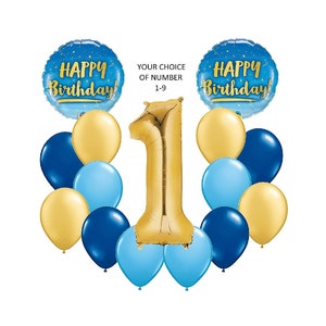 Ultimate Gold and Blue Birthday Party Decorations Balloon Bouquet with Gold Number 1-9 Option