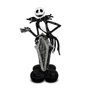 May include: Black and white inflatable Halloween decoration of Jack Skellington from The Nightmare Before Christmas, standing on a tombstone with black balloons.