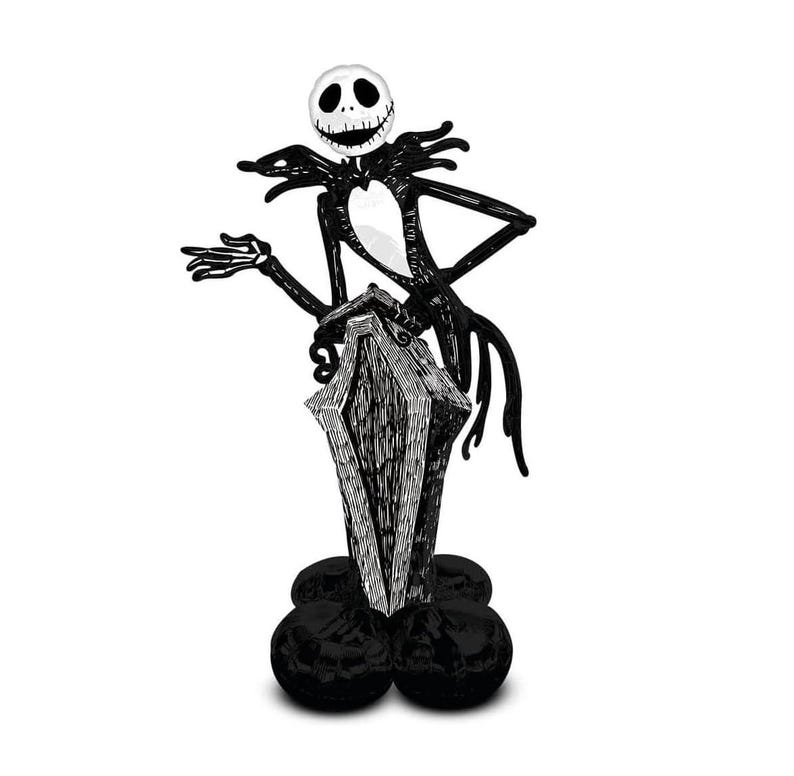 May include: Black and white inflatable Halloween decoration of Jack Skellington from The Nightmare Before Christmas, standing on a tombstone with black balloons.