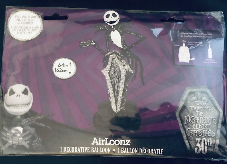 May include: A 64-inch inflatable balloon featuring Jack Skellington from The Nightmare Before Christmas. The balloon is silver and black and has a 30th anniversary logo.