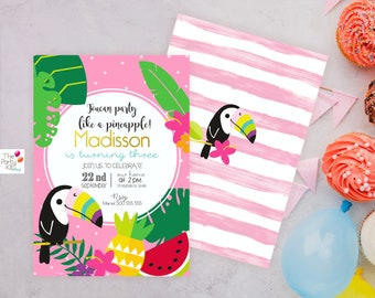 Toucan Tropical Custom Party Invite / Party Invitation, Party printable, Birthday, Party,girl,Digital Print,toucan,tropical, fruitty