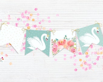 Swan & flowers mint banner /swan party, swan party decor, swan banner, swan party printables, swan printable banner, swan, INSTANT DOWNLOAD