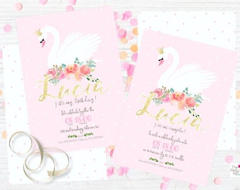 Swan & flowers Pink Party Invitation / PRINTABLE