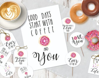 Donuts & Coffee Valentine's SET - printable tags, toppers and sign / INSTANT DOWNLOAD