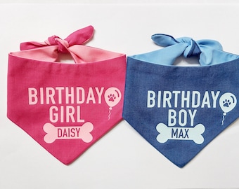 ANY COLOUR Birthday Boy OR Girl Dog Personalised Party Bandana Pink Blue