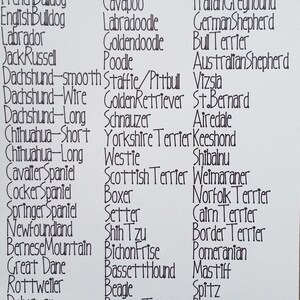 May include: A list of popular dog breeds written in black ink on a white background. The list includes breeds such as Pug, French Bulldog, English Bulldog, Labrador, Jack Russell, Dachshund, Chihuahua, Cavalier Spaniel, Cocker Spaniel, Springer Spaniel, Newfoundland, Bernese Mountain, Great Dane, Rottweiler, Doberman, Collie, Papillon, Cockapoo, Cavapoo, Labradoodle, Goldendoodle, Poodle, Staffie/Pitbull, Golden Retriever, Schnauzer, Yorkshire Terrier, Westie, Scottish Terrier, Boxer, Setter, Shih Tzu, Bichon Frise, Basset Hound, Beagle, Boston Terrier, Husky/Malamute, Pointer, Greyhound/Whippet, Italian Greyhound, German Shepherd, Bull Terrier, Australian Shepherd, Vizsla, St. Bernard, Airedale, Keeshond, Shibalnu, Weimaraner, Norfolk Terrier, Cairn Terrier, Border Terrier, Pomeranian, Mastiff, Spitz, Pekingnese, Samoyed, Rhodesian Ridgeback.