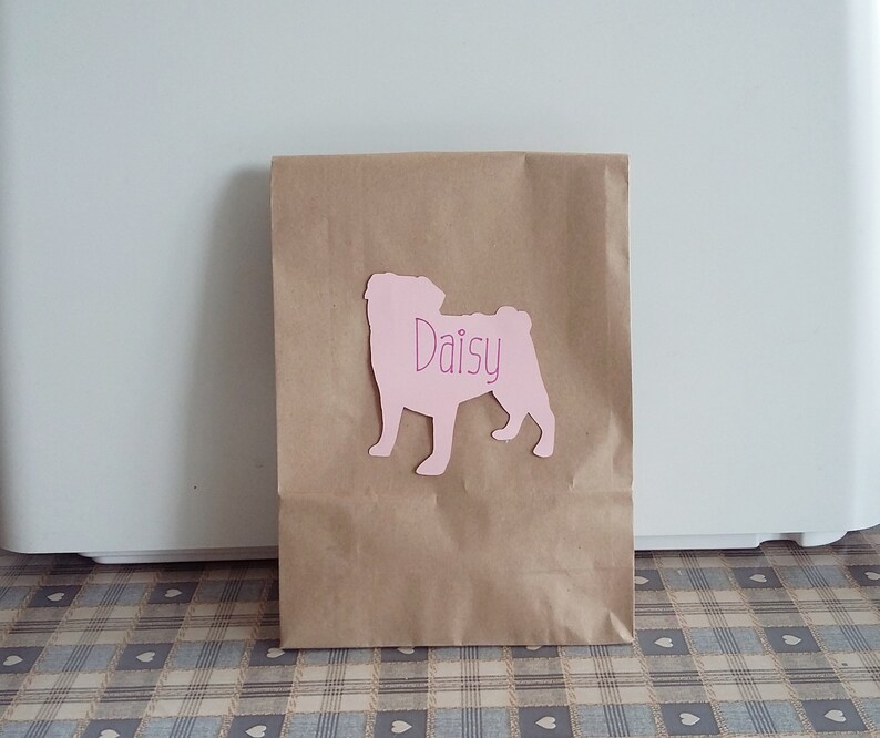 May include: A brown paper bag with a pink paper cutout of a pug dog with the name "Daisy" written on it.