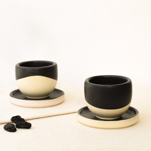 Handmade Ceramic Matte Black White Coffee Cups with Saucers, Double Espresso, Doppio, Cortado, Lungo, Cappuccino, Americano Cup, Latte Mug
