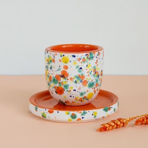 Handmade Ceramic Espresso Cup, Orange Speckled Handleless Coffee Mug and Saucer,  Latte, Cappuccino, Cortado Cup