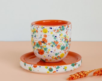 Handmade Ceramic Espresso Cup, Orange Speckled Handleless Coffee Mug and Saucer,  Latte, Cappuccino, Cortado Cup