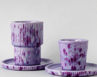 Purple Fluted Handmade Ceramic Tumbler Cup with Saucer, Lilac Espresso Cup, Turkish Coffee Cup, Americano, Mocha, Breve, Affogato Cup