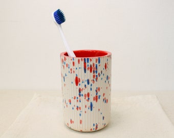 Handmade Ceramic Toothbrush Holder, Red Blue and White Fluted, Speckled Toothbrush Holder for Bathroom, Bathroom Accessory, Bathroom Decor