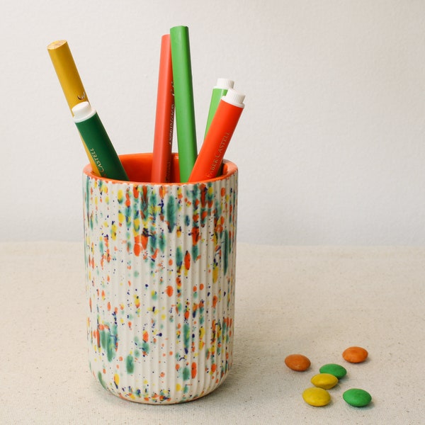 Handmade Ceramic Pencil Holder, Orange and Colorful Speckled Pen Holder for Desk, Makeup Brush Holder, Modern Office Decor, Desk Organizer
