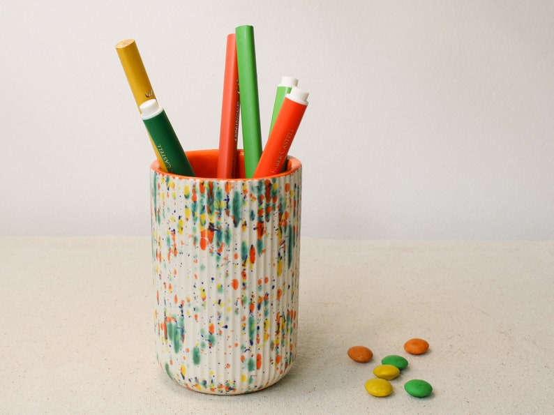 Handmade Ceramic Pencil Holder, Orange and Colorful Speckled Pen Holder