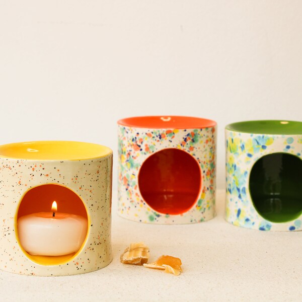Handmade Ceramic Essential Oil Burner, Colorful Speckled Tealight Candle Holders, Aromatherapy Wax Melter, Home Decor, Fragrance Burner