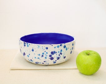 Large Ceramic Bowl, Handmade Ceramic Serving Bowl, Satin Matte Navy and White, Blue Speckled Mixing Bowl, Pottery Fruit Bowl,  Salad Bowl