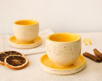 Handmade Ceramic Espresso Cup with Saucer, Yellow Speckled Cortado Cup, Cappuccino Cup, Latte Mug, Macchiato, Lungo, Mocha, Americano Cup