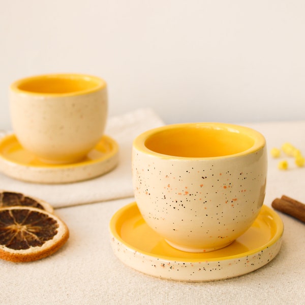 Handmade Ceramic Espresso Cup with Saucer, Yellow Speckled Cortado Cup, Cappuccino Cup, Latte Mug, Macchiato, Lungo, Mocha, Americano Cup