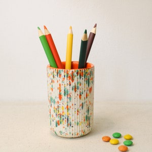Handmade Ceramic Pencil Holder, Orange and Colorful Speckled Pen Holder for Desk, Makeup Brush Holder, Modern Office Decor, Desk Organizer image 3