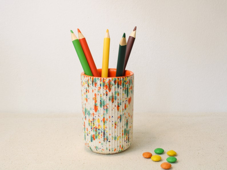 Handmade Ceramic Pencil Holder, Orange and Colorful Speckled Pen Holder