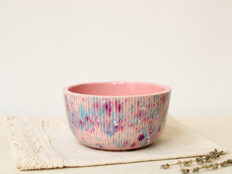 Handmade Ceramic 5'' Bowl, Pink Fluted 15 oz Serving Bowl, Speckled Soup, Cereal, Rice, Ice Cream, Breakfast, Ramen, Noodle, Deep Bowl image 2