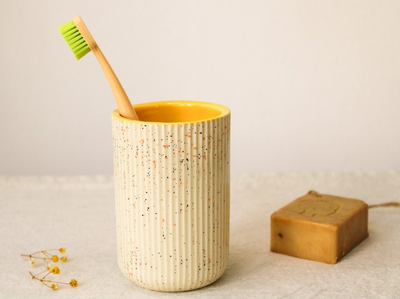 Handmade Ceramic Toothbrush Holder, Yellow and Speckled Minimalist Toothbrush Holder for Bathroom, Bathroom Accessory, Bathroom Decor image 1