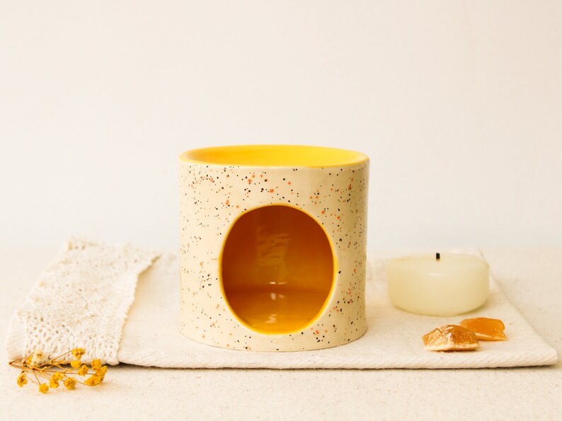 Handmade Ceramic Essential Oil Burner, Colorful Speckled Tealight Candle Holders, Aromatherapy Wax Melter, Home Decor, Fragrance Burner Yellow