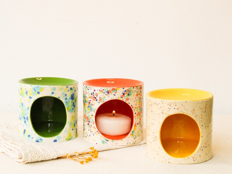 Handmade Ceramic Essential Oil Burner, Colorful Speckled Tealight Candle Holders, Aromatherapy Wax Melter, Home Decor, Fragrance Burner image 3