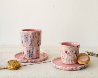 Pink Fluted Handmade Ceramic Tumbler Cup with Saucer, Pastel Pink Espresso Cup, Turkish Coffee Cup, Americano, Mocha, Breve, Affogato Cup