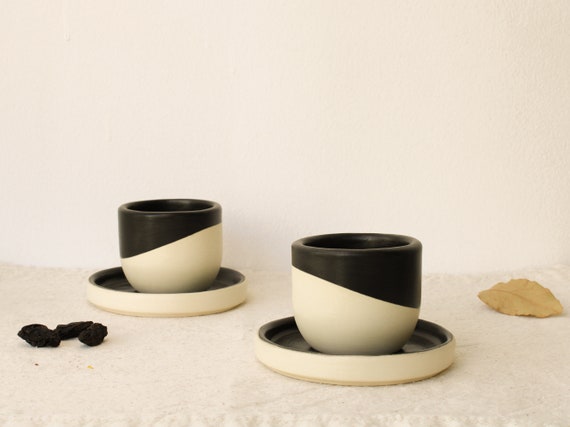 Espresso Cups With Saucers, Matte Black and White, Handmade