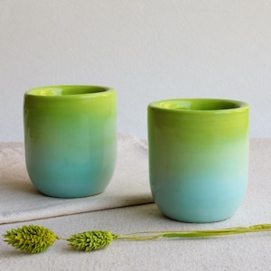 Handmade Ceramic Espresso Cup, Green and Blue Ombre Handleless Modern Cup, Coffee Lover Gift