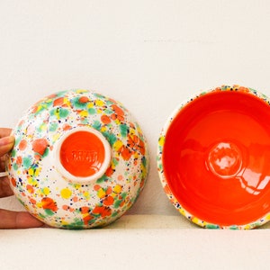 Handmade Ceramic Bowl, Small Serving Bowl, Colorful Mixing Bowl, Speckled Snack Bowl, Cereal Bowl, Fruit Bowl, Footed Shallow Dessert Bowl Orange