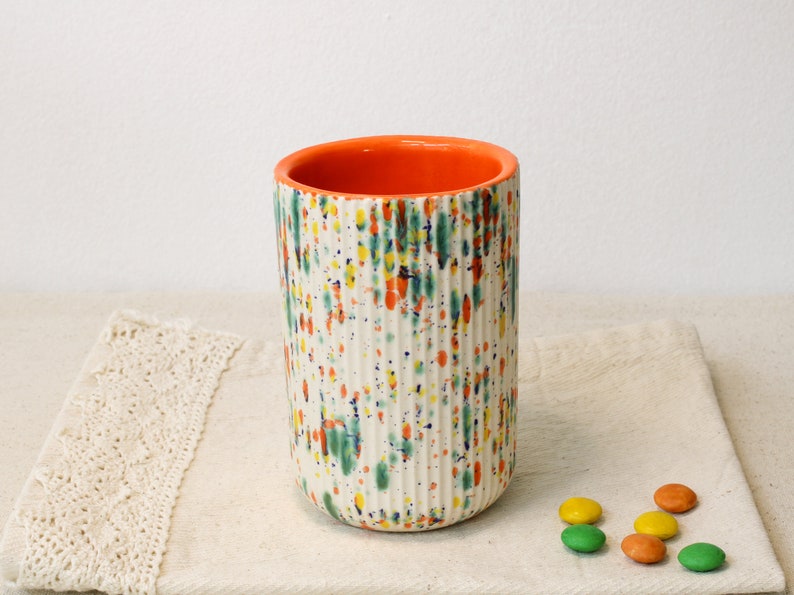 Handmade Ceramic Pencil Holder, Orange and Colorful Speckled Pen Holder